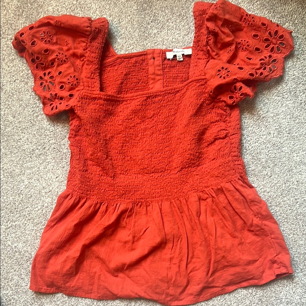 Madewell Orange Smocked Ruffled Blouse